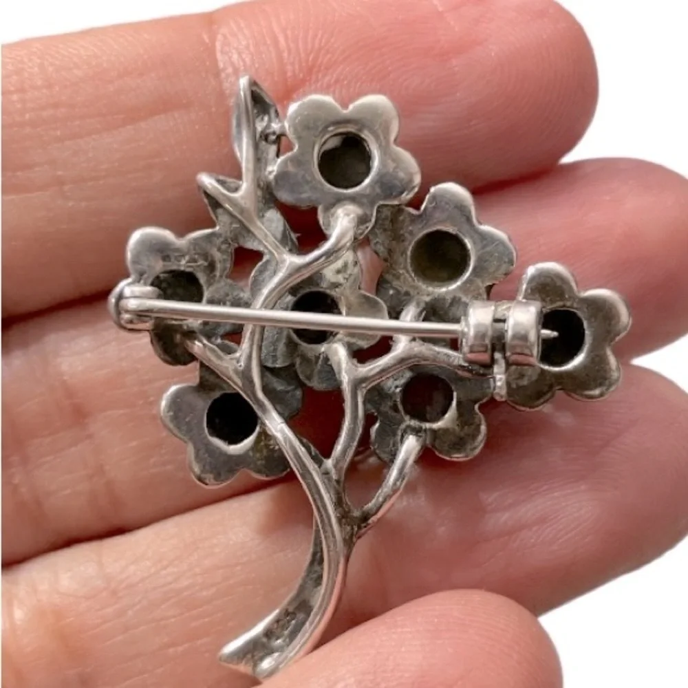 Vintage MC Sterling 925 Bouquet Pin Brooch W/ Marcasite & Colored Stones